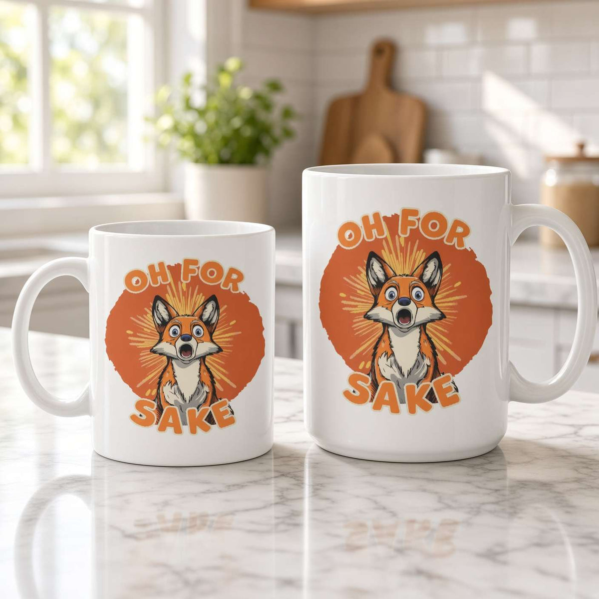 Two white ceramic mugs with a cartoon fox graphic and the text 'OH FOR SAKE' on a kitchen counter, with a blurred kitchen background.
