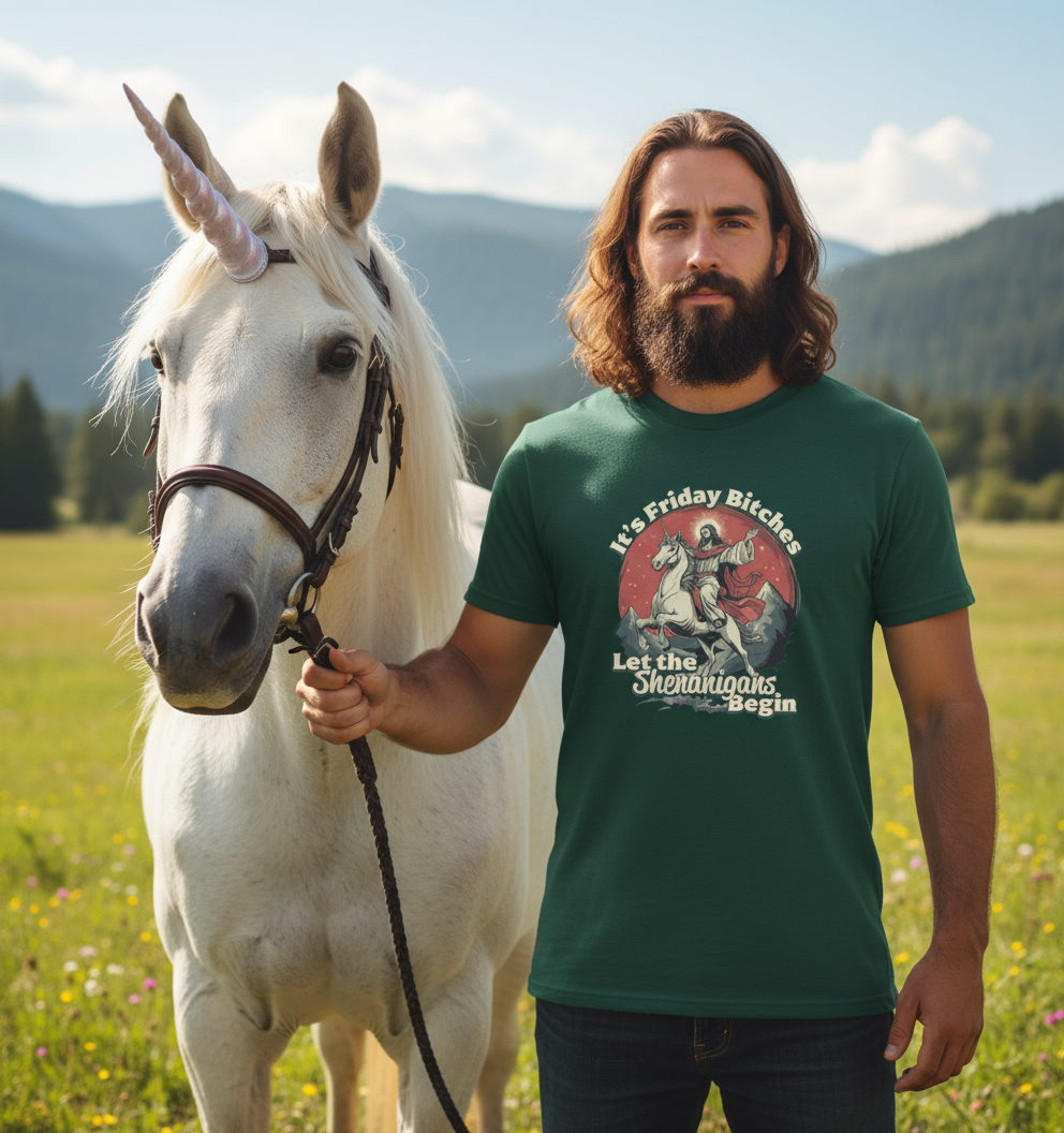 Man with a beard holding a white unicorn in a field with mountains in the background