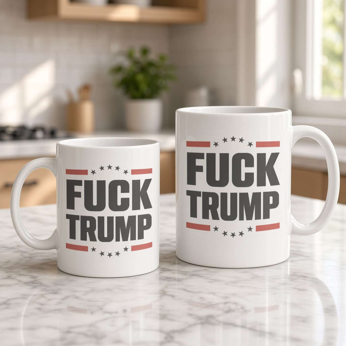 Two white ceramic mugs on a marble kitchen counter display bold “FUCK TRUMP” text with red stripes and stars; bright daylight creates a casual, defiant mood.