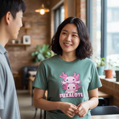 Woman wearing a green t-shirt with a cartoon axolotl and 'Fuxalotl' text in a casual setting.