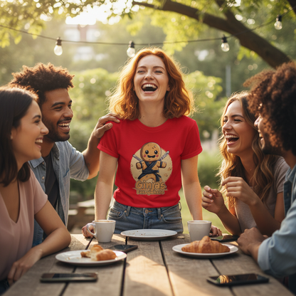 Group of friends laughing together outdoors at a picnic table.