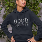 Woman wearing a navy Womans Slogan hoodie with the text 