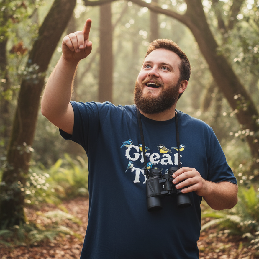Man in a forest pointing upwards while holding binoculars, wearing a blue great tits funny t-shirt with text.