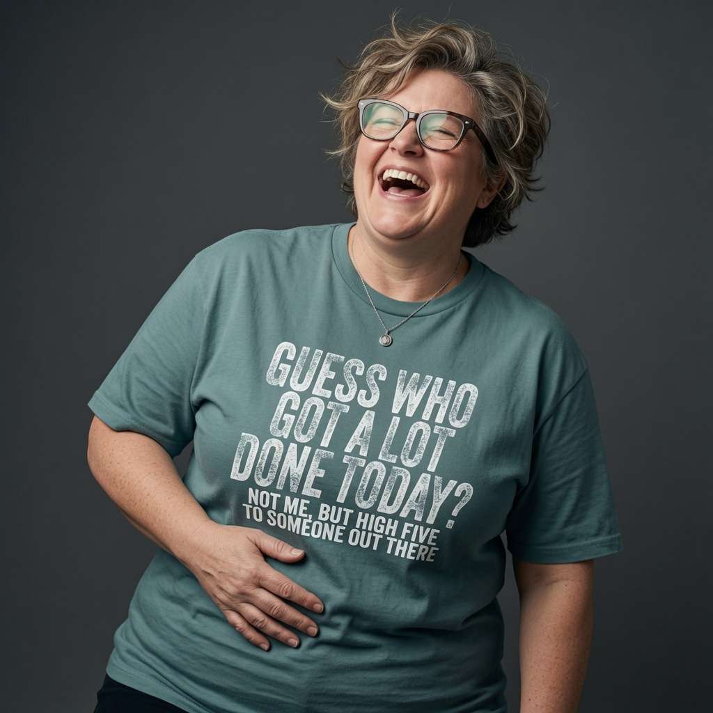 Woman laughing with one hand on her stomach in an aloe Guess Who Got A Lot Done Today t-shirt, funny ladies cheeky motivational shirt that every no-nonsense lady will claim
