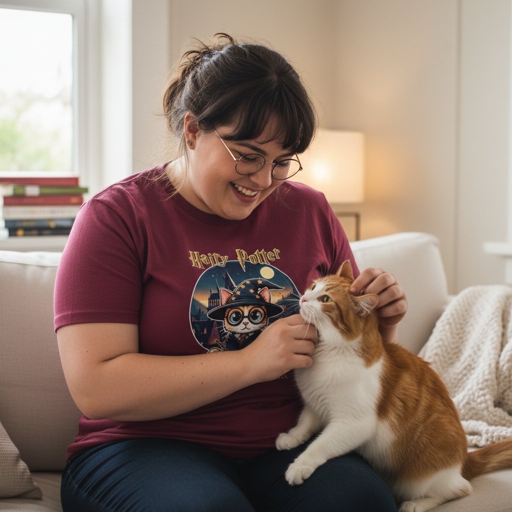 Woman wearing a Hairy Potter shirt petting an orange and white cat on a couch.