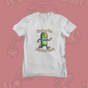 White Funny Graphic T-shirt with a cartoon beer can character. The text reads, 