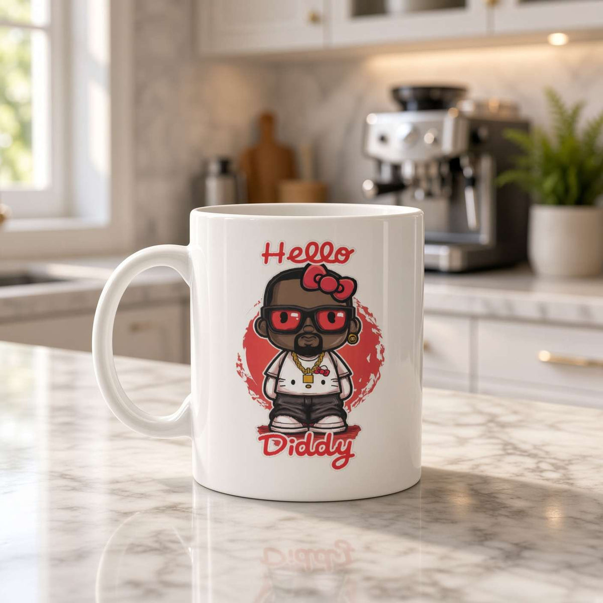 A white mug on a marble kitchen counter shows a cartoon bear in red glasses and a bow, with the cheerful red words “Hello Diddly.”