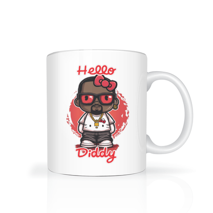 White ceramic mug featuring a cartoon figure in red sunglasses and a bow, surrounded by red accents and “Hello Diddy” text; playful, bold design.