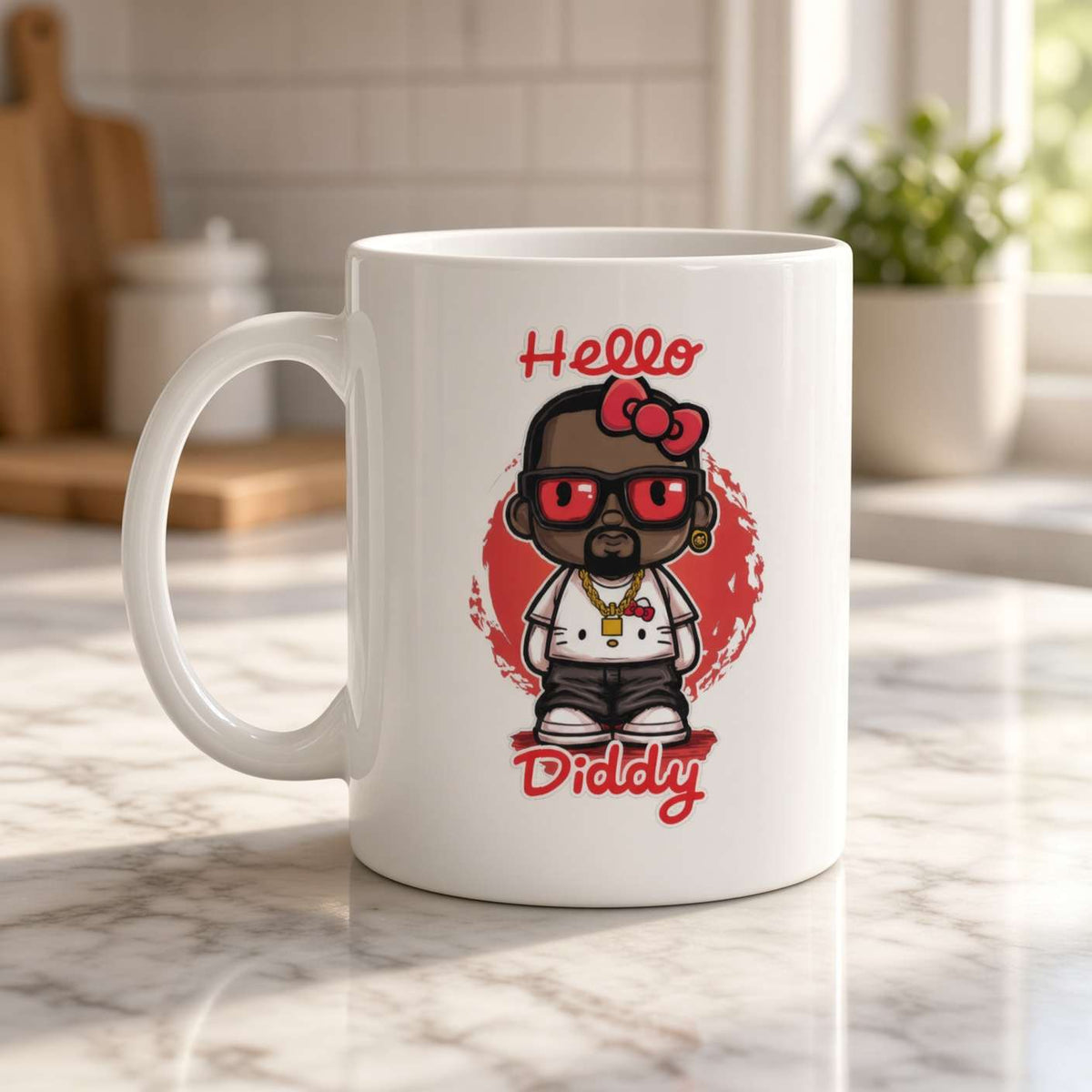 A white mug on a marble kitchen counter features a cartoon bear in red glasses and a bow, with “Hello Diddly” lettering; playful, cozy tone.