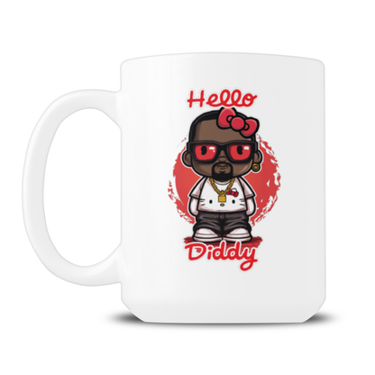 A white ceramic mug features a cartoon character in red sunglasses and a bow, with “Hello Diddly” lettering; playful, bold design.