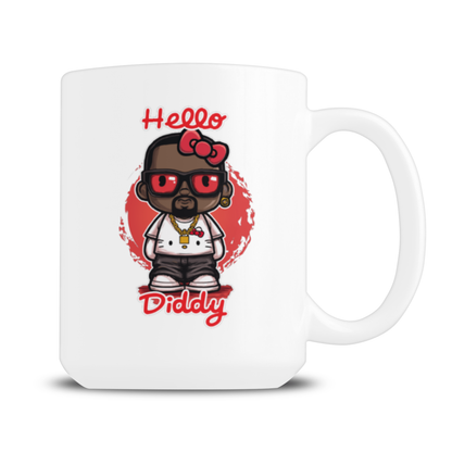 A white ceramic mug displays a cartoon of a man in red sunglasses with a bow, surrounded by red splashes and the words “Hello Diddy.”