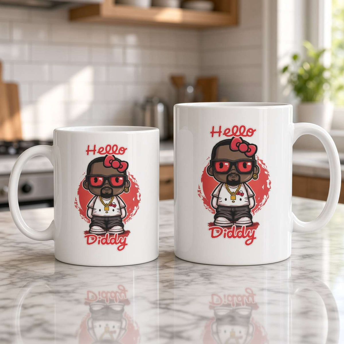 Two white ceramic mugs on a sunlit marble kitchen counter feature a cartoon character in red glasses, with “Hello Diddy” lettering; the scene feels warm and playful.