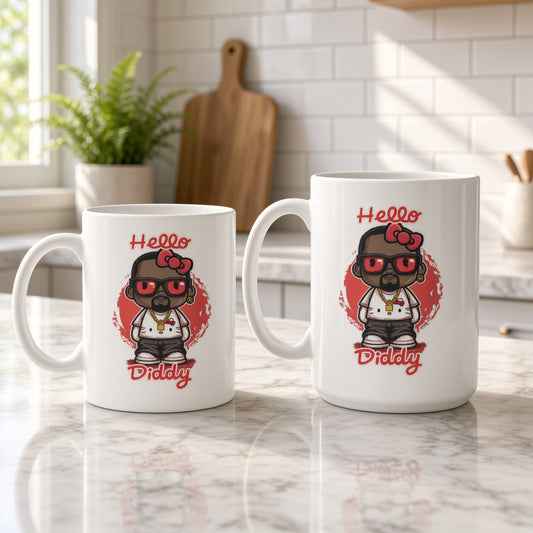 White ceramic 11oz and 15oz mugs on a marble kitchen worktop showing a cartoon Diddy-style figure in red sunglasses, gold chain and Hello Kitty bow, with red “Hello Diddy” lettering.