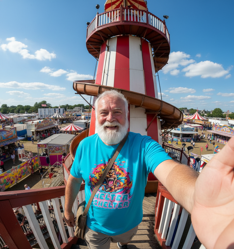 Man taking a selfie at a carnival with a striped tower in the background