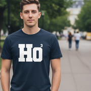 Man wearing a navy blue Christmas slogan t-shirt with 'Ho3' printed on it, standing outdoors.