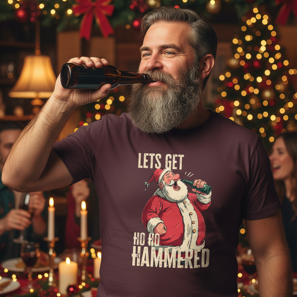 Man wearing a t-shirt with a Christmas-themed design, drinking a beer in a festive setting.