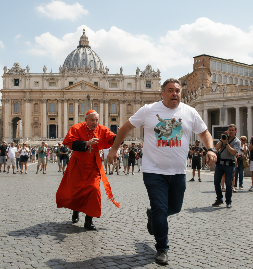 Man in white Holy Diver t-shirt running past a person in a red cardinal robe in front of a large building with a dome.