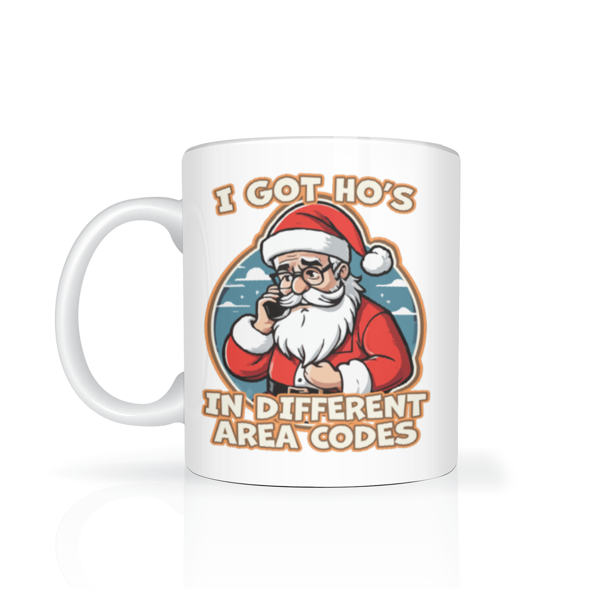 White coffee mug with a cartoon Santa in sunglasses and the joke “I Got Ho’s in Different Area Codes,” shown on a clean white background; playful, irreverent tone.