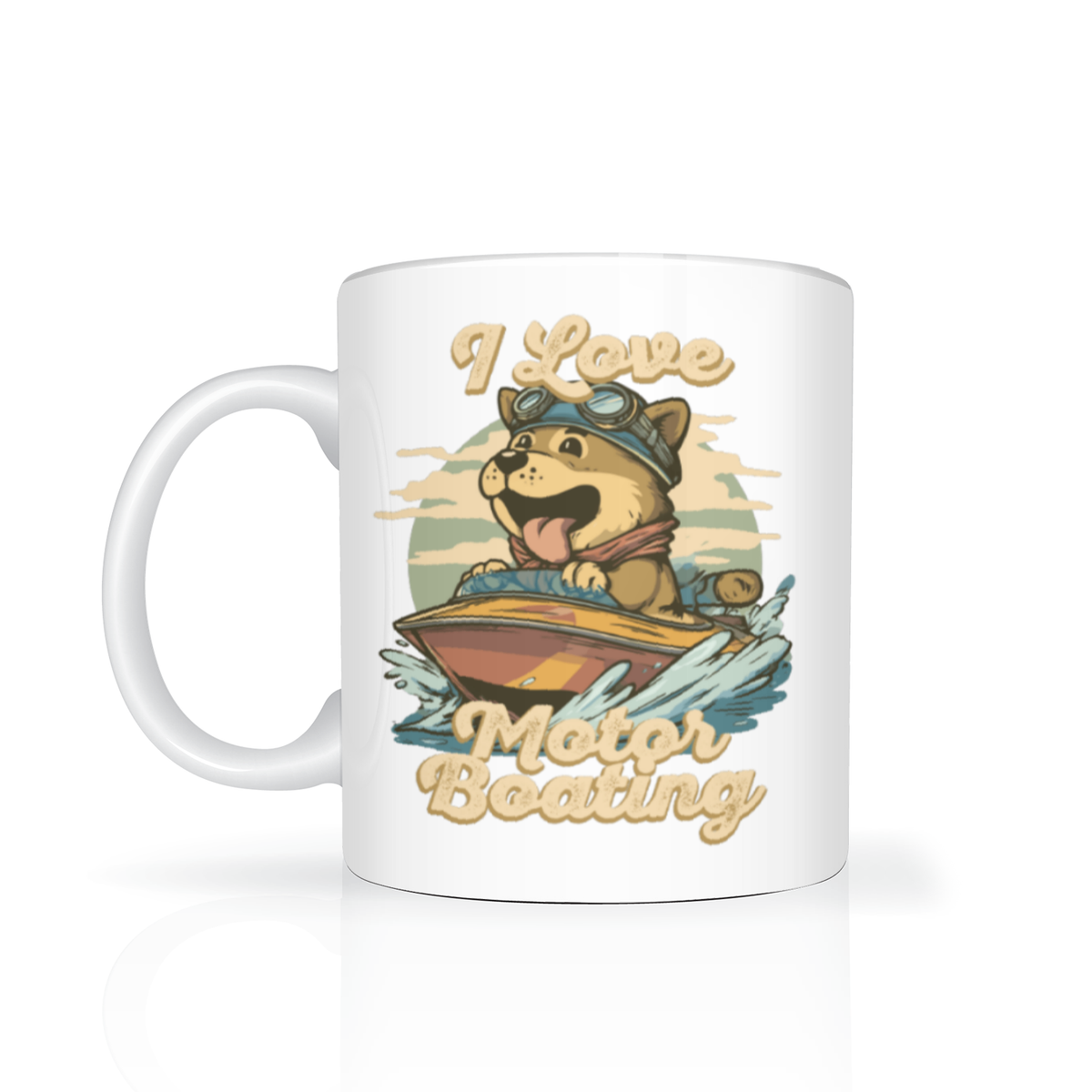 White ceramic mug with a playful cartoon dog in goggles driving a speedboat through splashing water, beneath the words “I Love Motor Boating”; cheerful vintage-style design.