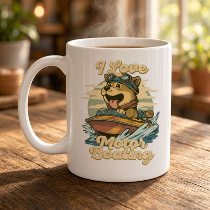 A steaming white mug on a sunlit wooden table features a cheerful otter in a motorboat and the words “I Love Motor Boating,” creating a cozy, playful mood.