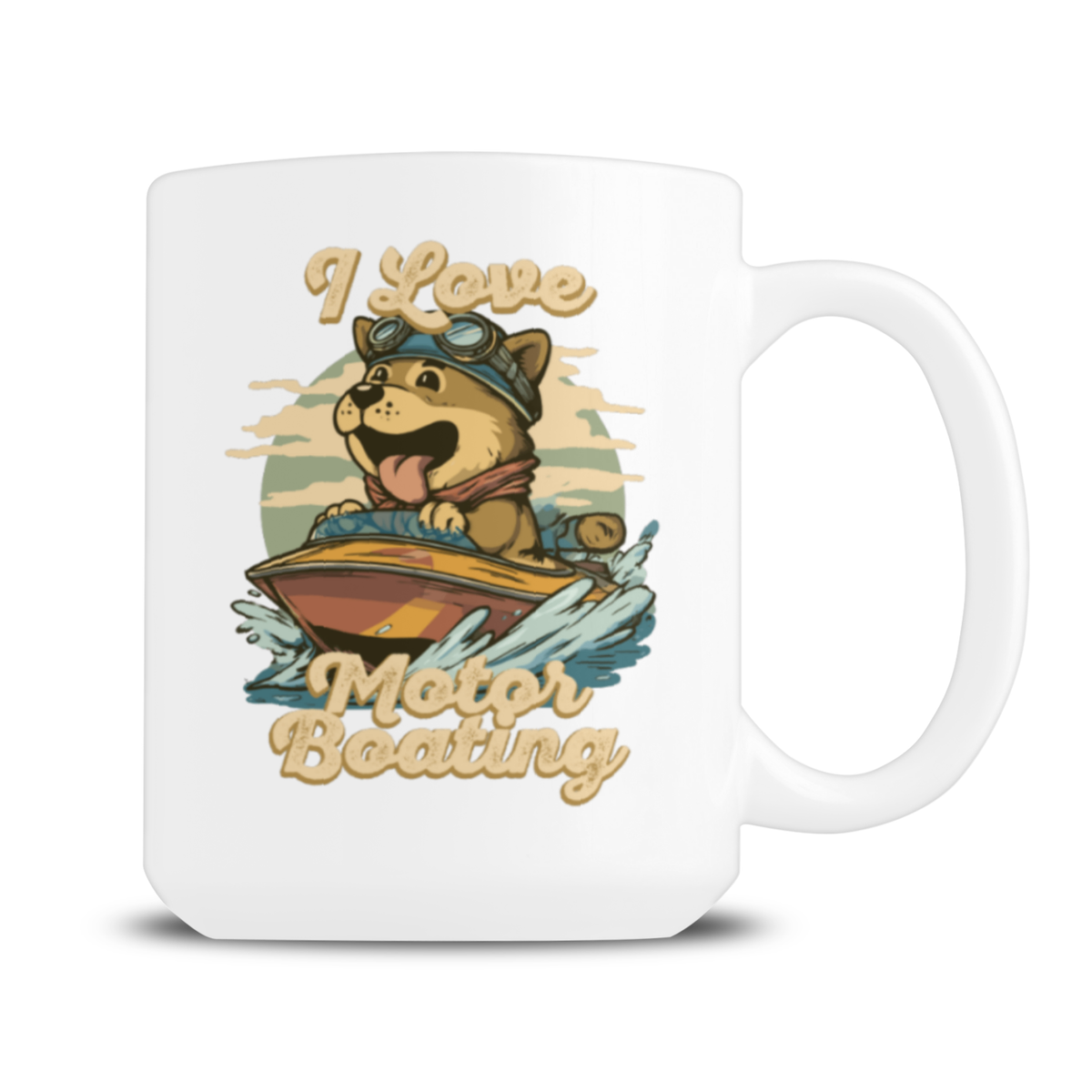 White mug featuring a cheerful otter in goggles riding a motorboat through splashing water, with “I Love Motor Boating” text; playful, adventurous design.
