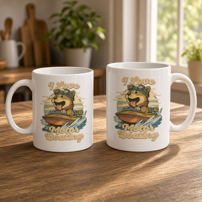 Two white ceramic mugs on a sunlit wooden table feature playful cartoon otters boating and the words “I Love Motor Boating,” creating a warm, cheerful kitchen scene.