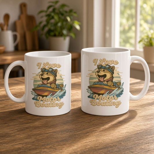 Two white ceramic mugs on a sunlit wooden table feature playful cartoon otters boating and the words “I Love Motor Boating,” creating a warm, cheerful kitchen scene.