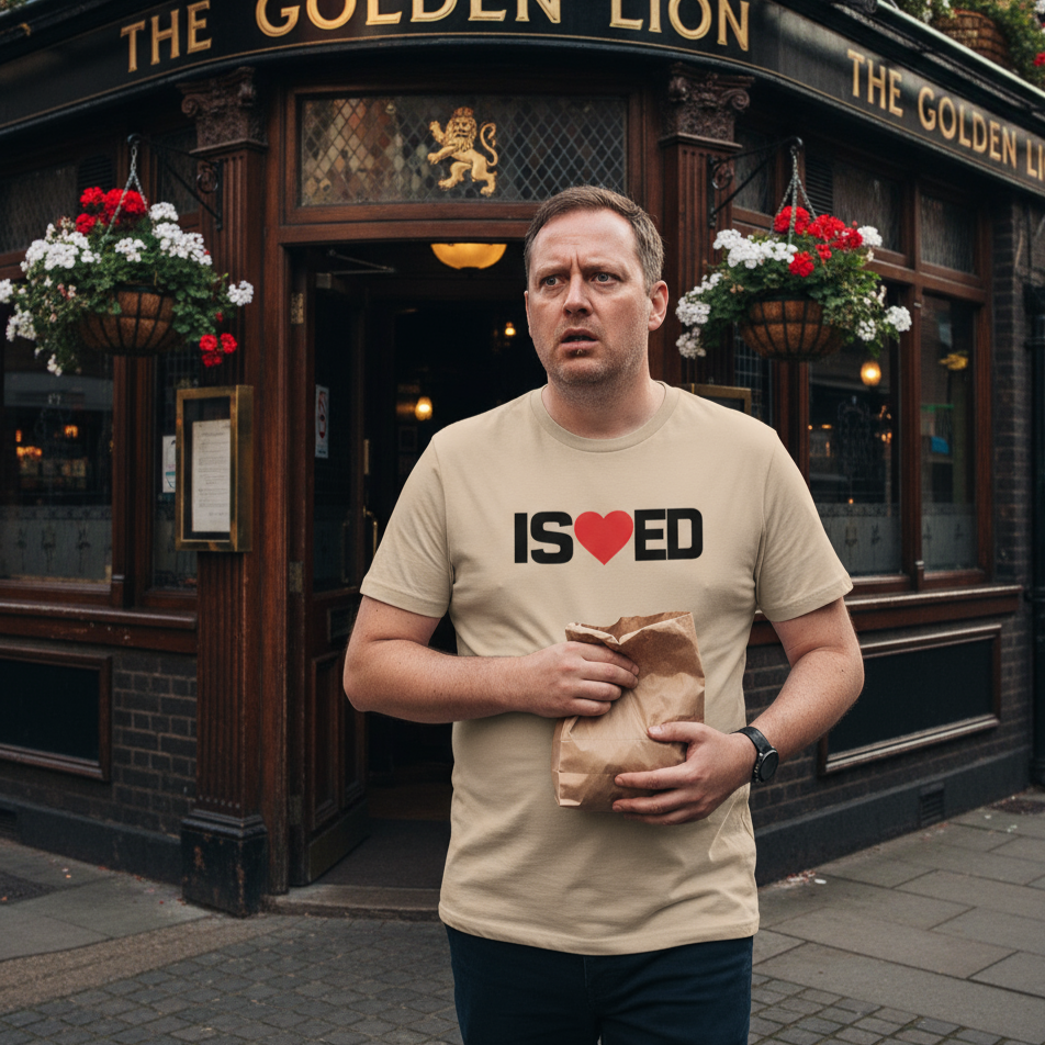 Man wearing a beige funny t-shirt with 'IS ❤️ ED' or I Sharted design in front of a pub named 'The Golden Lion'.