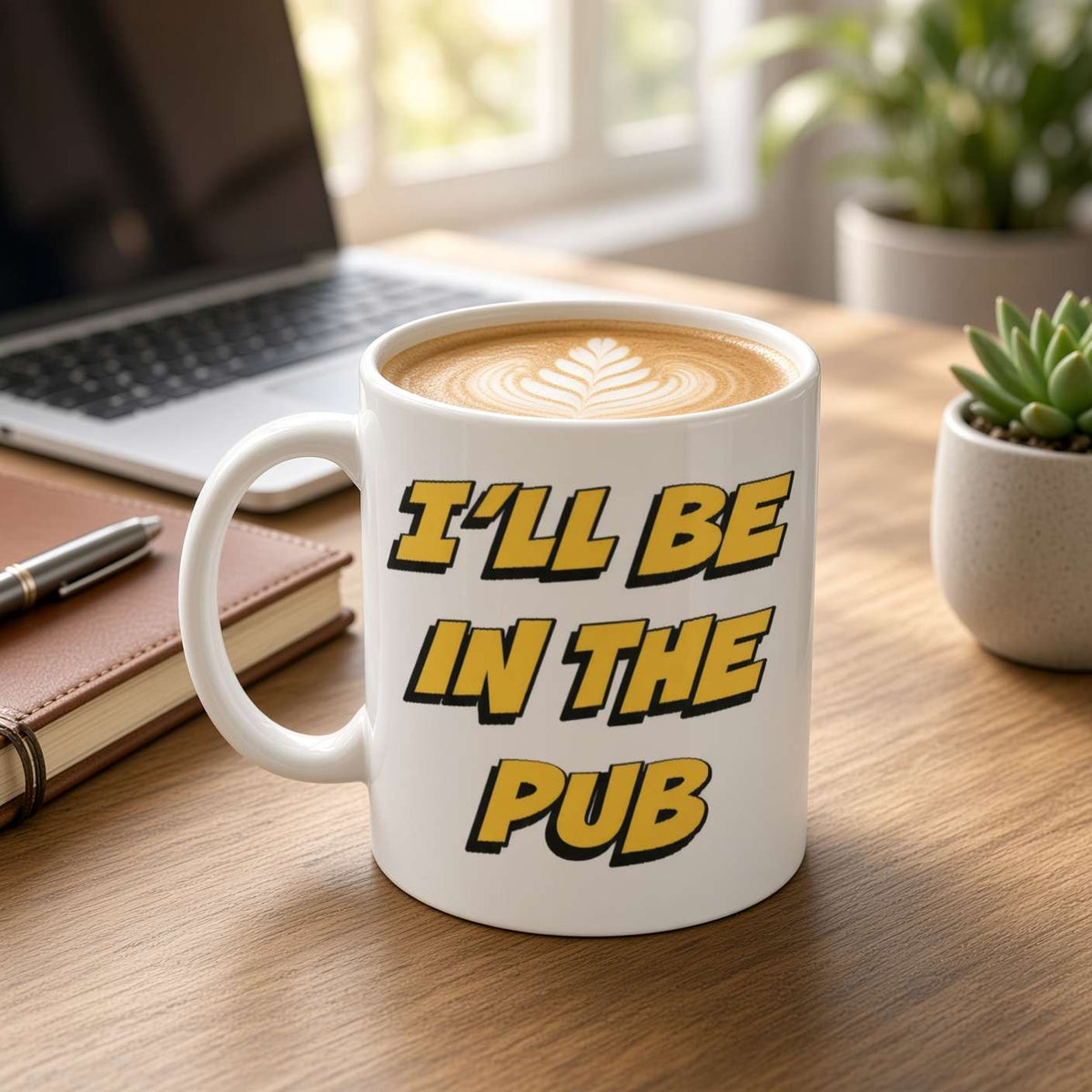 A latte-art coffee mug reading “I’ll be in the pub” sits on a wooden desk beside a laptop, notebook, and succulent, with a playful, cozy tone.