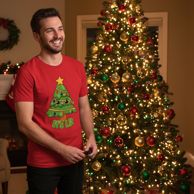 Man wearing a red Christmas t-shirt with a Christmas tree design in front of a decorated Christmas tree.