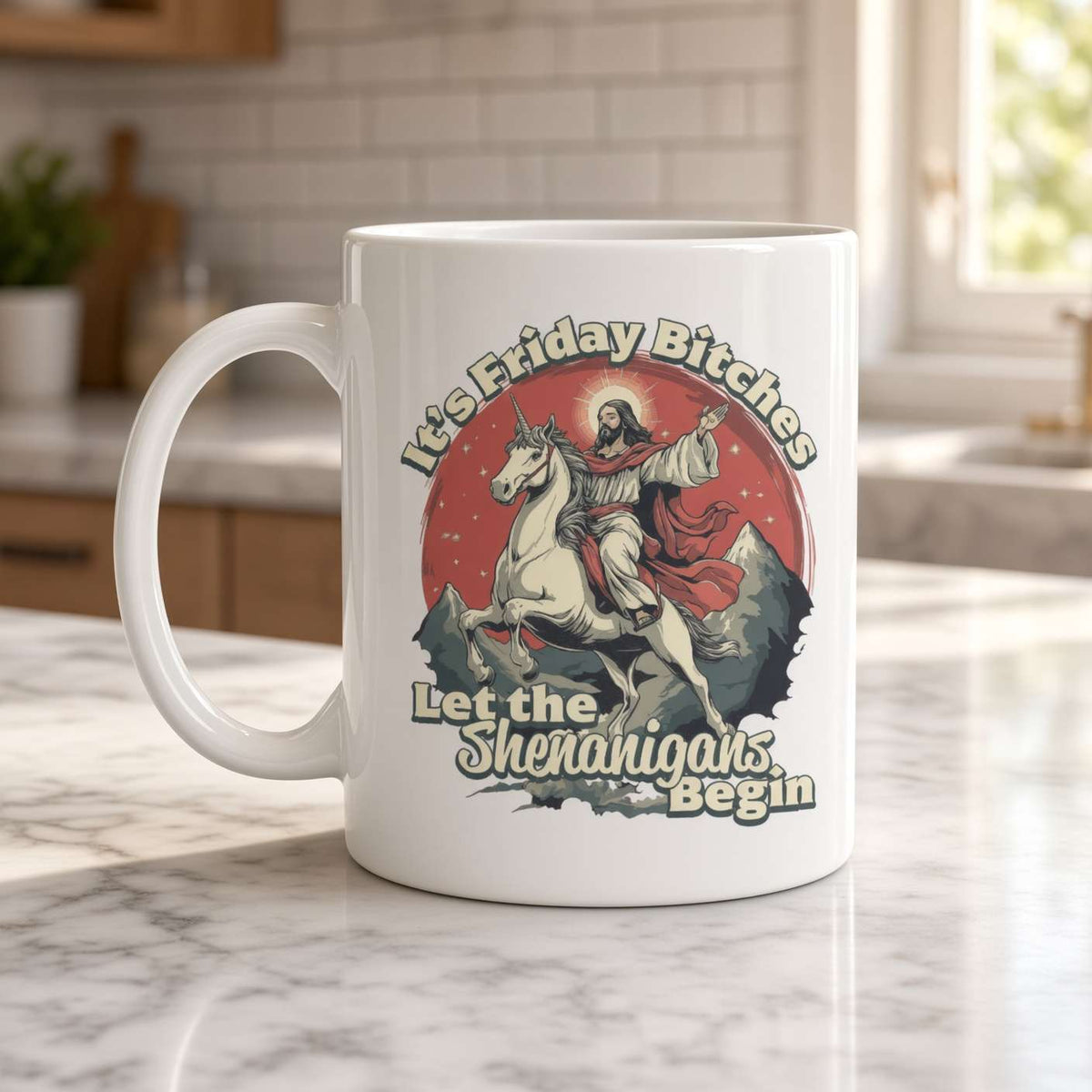 White ceramic mug on a marble kitchen counter, printed with a witch riding a unicorn and the playful phrase “Let the Friday Bitch Shenanigans Begin.”
