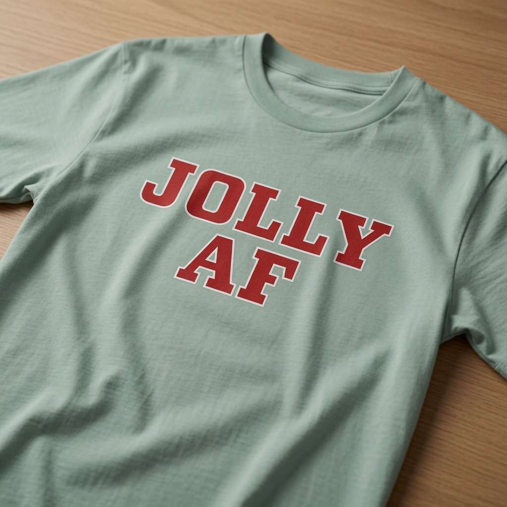 Aloe Jolly AF t-shirt laid flat on a wooden surface showing the bold red slogan, funny cheeky ladies Xmas slogan shirt that every no-nonsense lady will claim