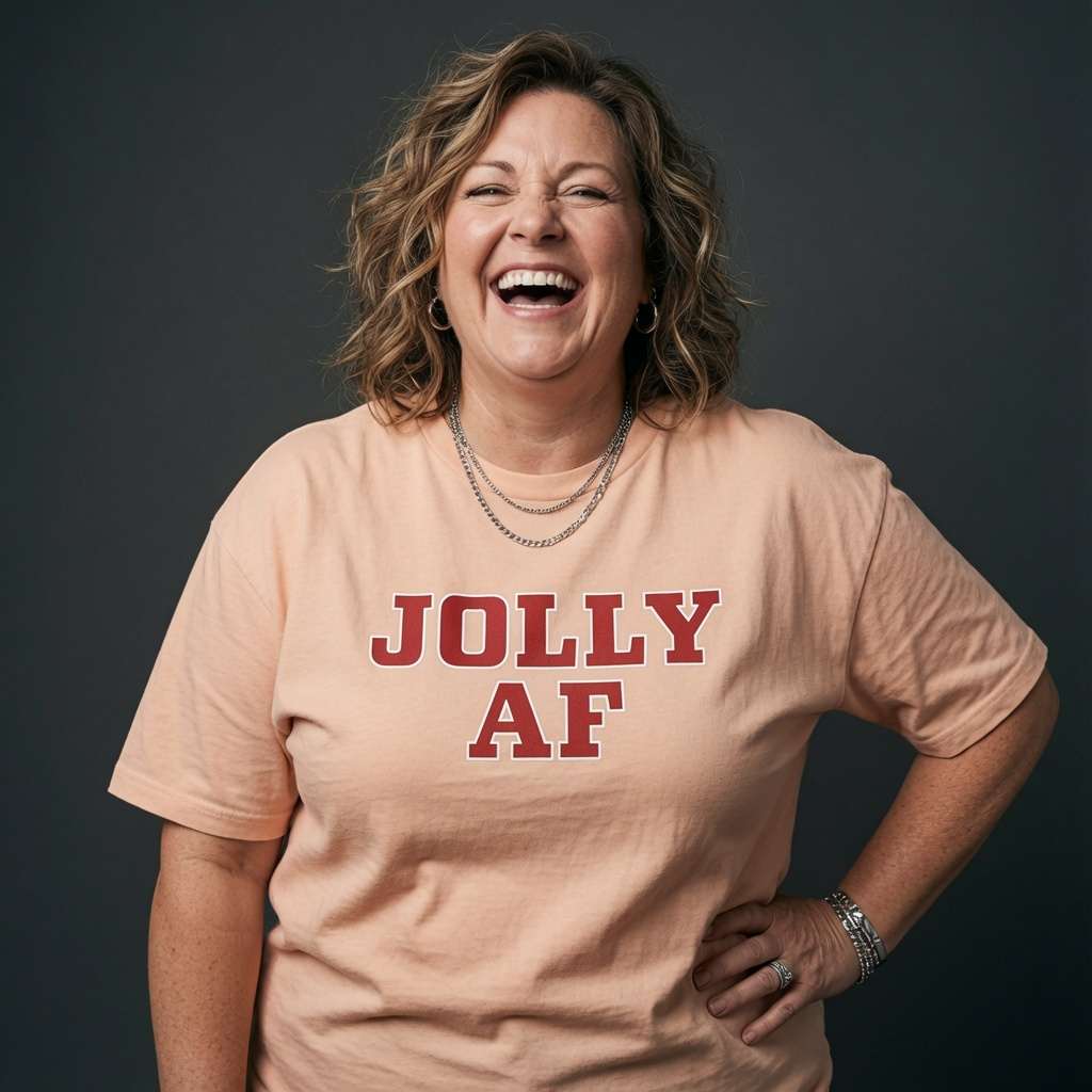 Woman laughing with one hand on her hip while wearing a peche Jolly AF t-shirt, funny cheeky ladies Christmas day slogan shirt full of pure attitude