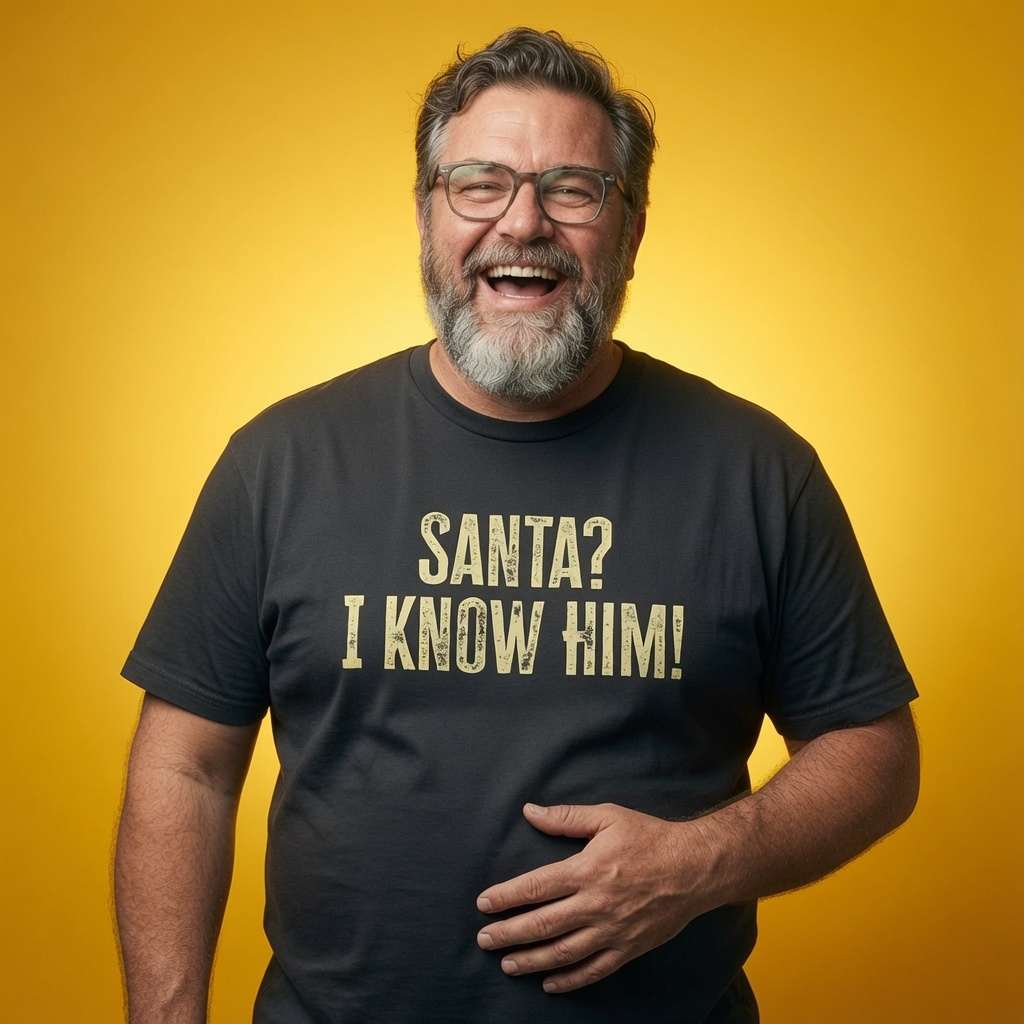 Man laughing with one hand on his stomach in a black Santa? I Know Him! t-shirt, fun mens Christmas movie slogan shirt that every cheeky lad will claim