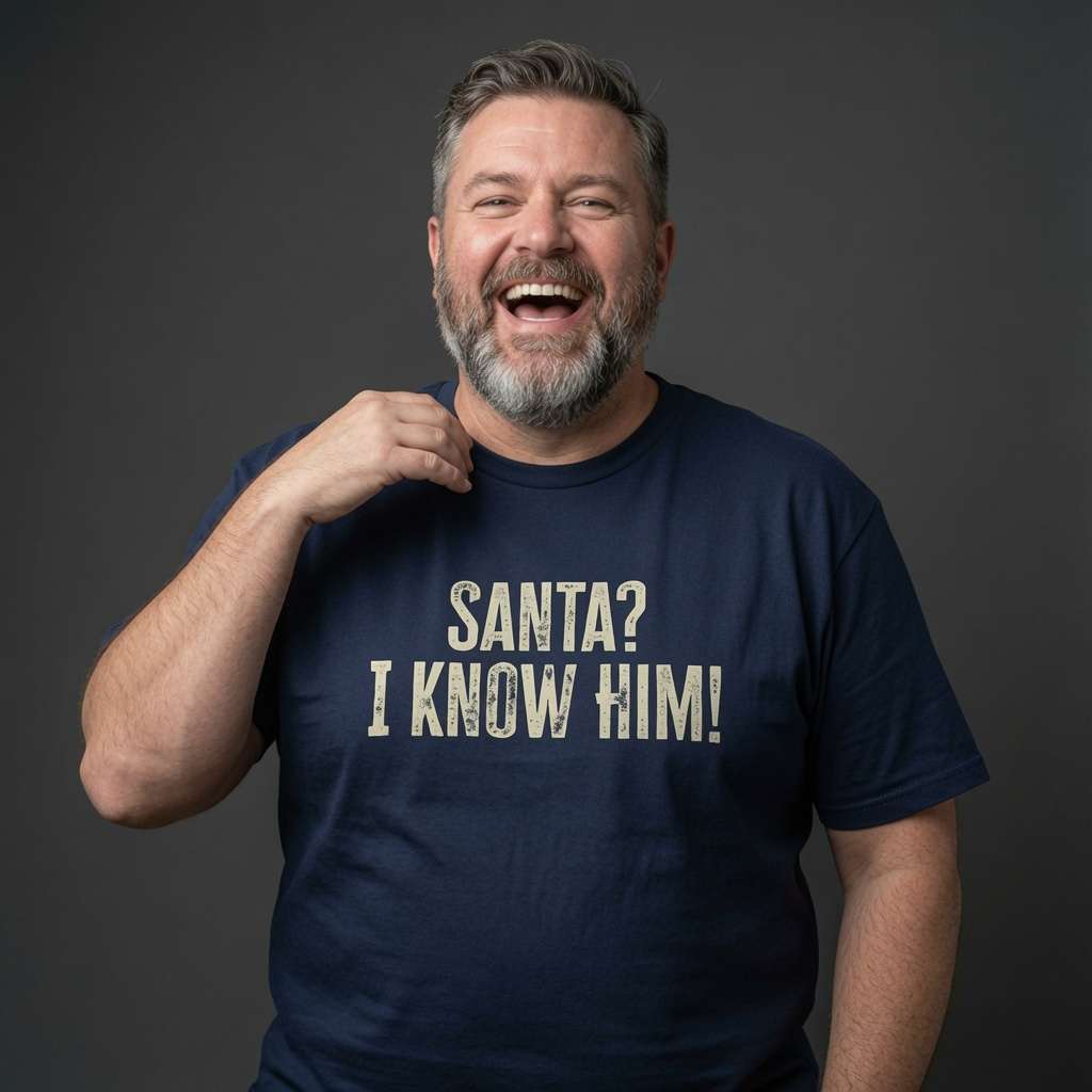 Man laughing with one hand near his collar while wearing a navy Santa? I Know Him! t-shirt, fun mens cheeky Xmas film quote design full of pure attitude