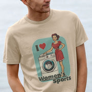 Man wearing an offensive t-shirt with retro-style print of a smiling woman in a red dress beside a washing machine. Text reads 