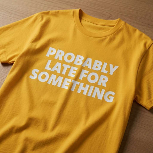 Yellow Probably Late For Something t-shirt laid flat on a wooden surface showing the full white slogan, funny ladies cheeky relatable statement shirt full of pure attitude