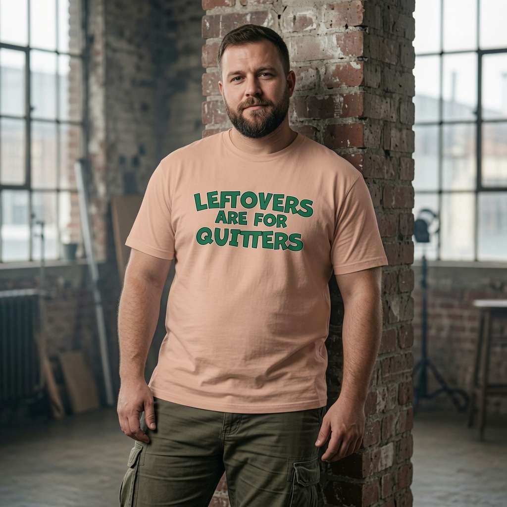 Bearded man standing in peach Leftovers Are for Quitters tee, humorous mens xmas dinner gift slogan