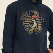 Navy Men's hoodie displaying a cartoon woodpecker perched on a log with 