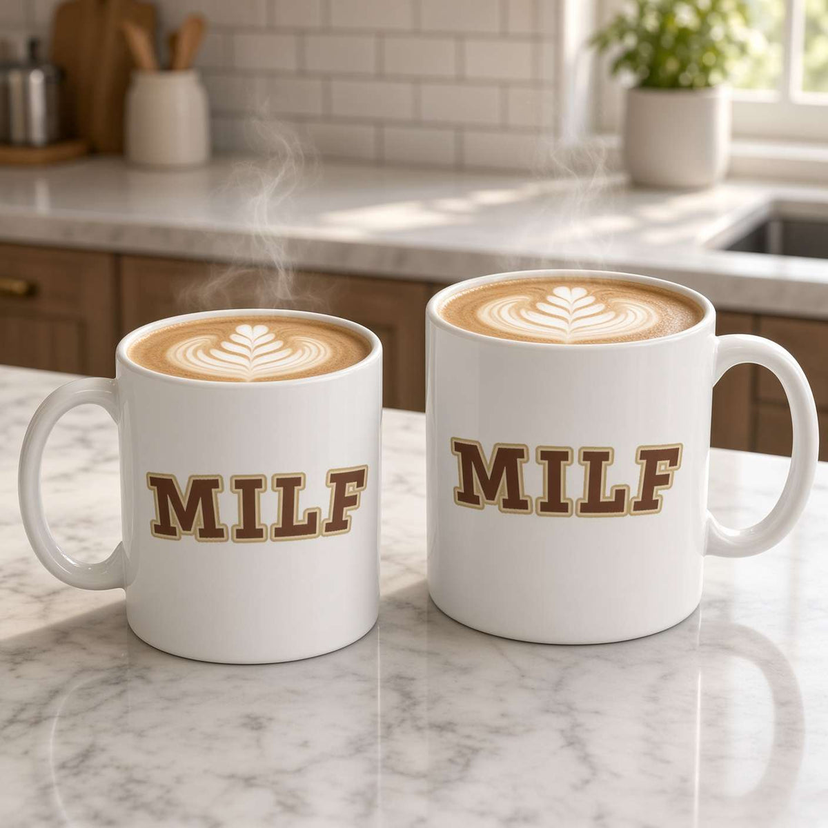 Two white ceramic mugs filled with coffee sit on a marble countertop in a bright kitchen. Each mug has the word "MILF" printed in large brown letters with a gold outline.