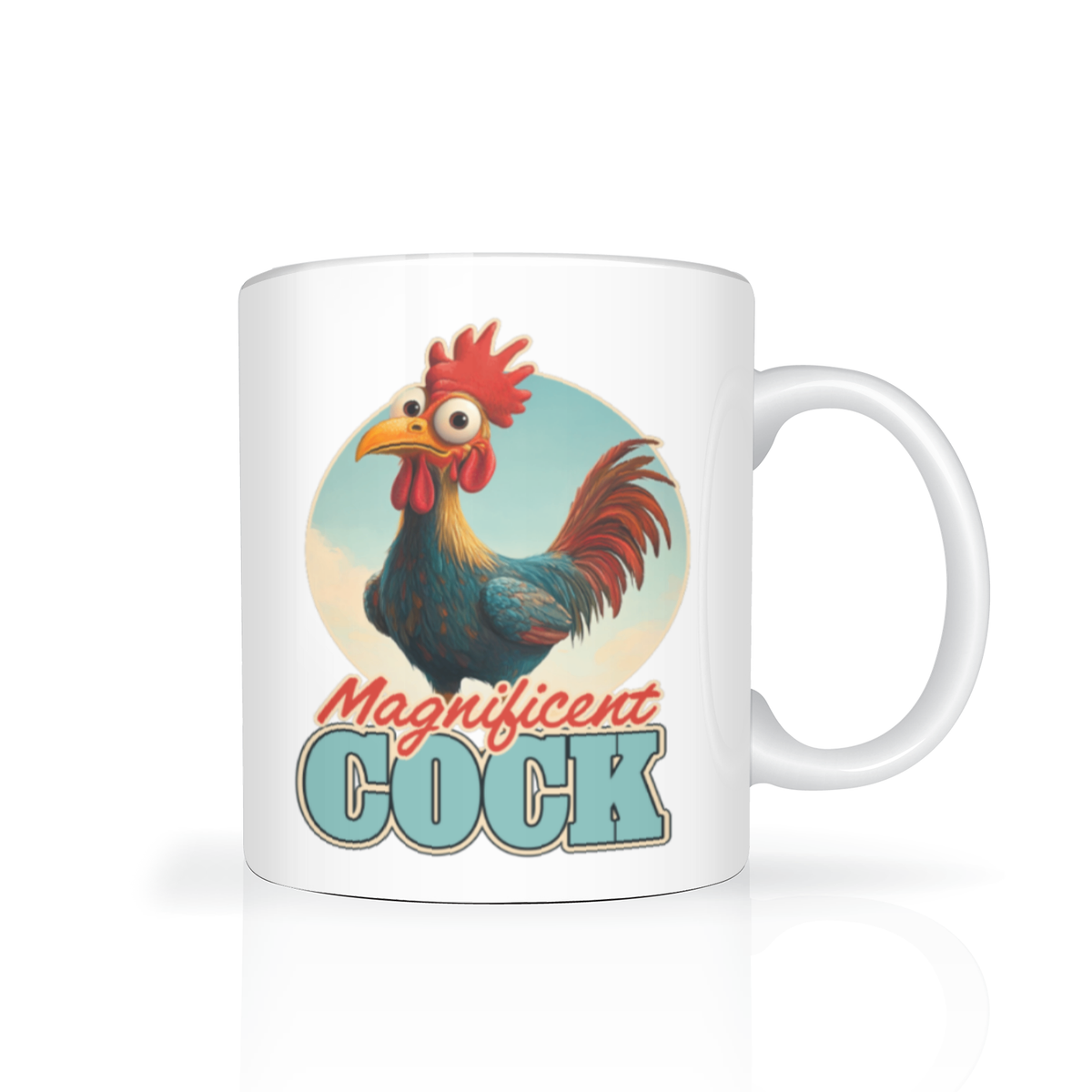 White ceramic mug featuring a colorful cartoon rooster and the words “Magnificent Cock,” styled like a playful retro farm poster.