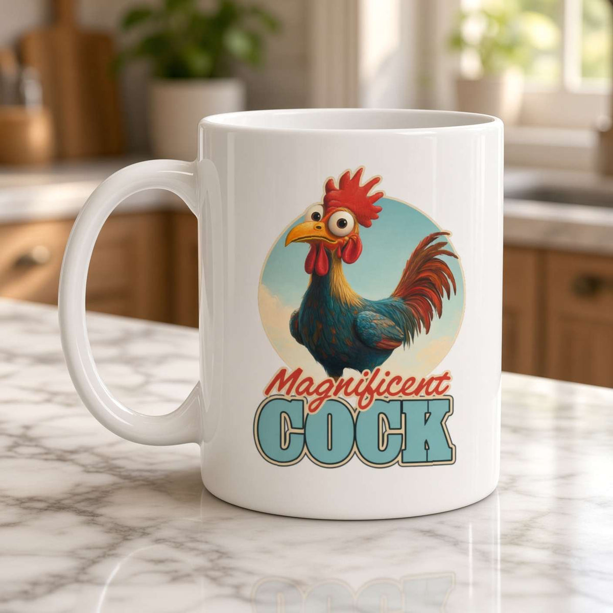 A white ceramic mug on a marble kitchen counter features a colorful rooster and the playful words “Magnificent Cock,” creating a bright, humorous tone.
