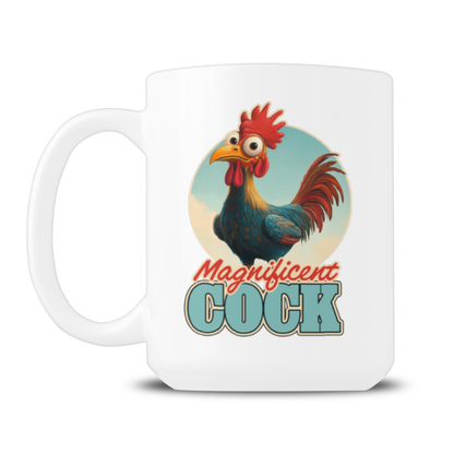 A white ceramic mug features a colorful, wide-eyed rooster above vintage-style lettering that reads “Magnificent Cock,” creating a cheeky, playful tone.