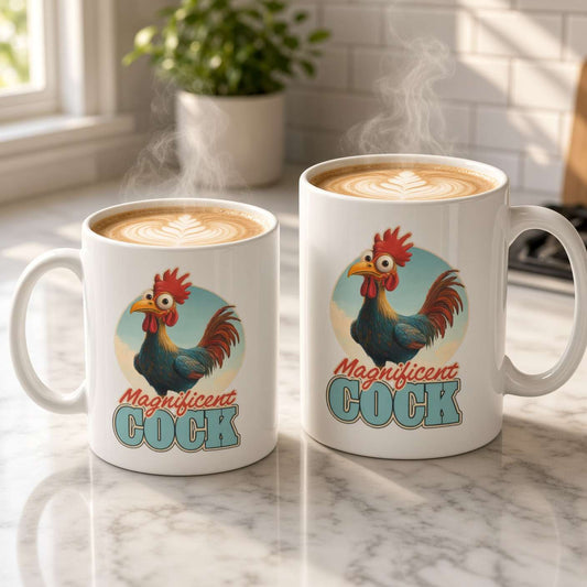 Two white mugs of different sizes hold steaming latte art on a sunlit marble counter; each features a colorful rooster and the words “Magnificent Cock,” creating a playful tone.