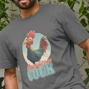 Man wearing a gray rude t-shirt with a cartoon rooster and the text 