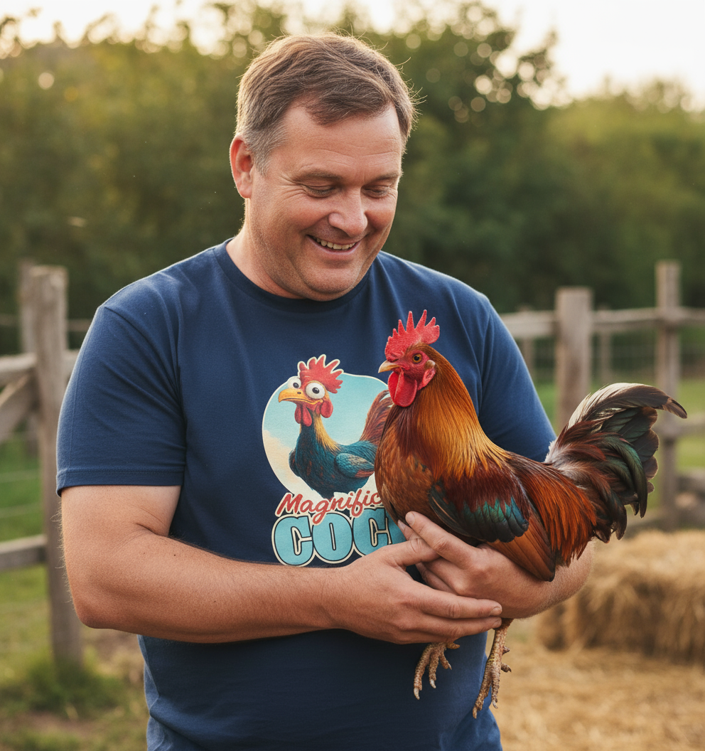 Man holding a rooster outdoors with a blue t-shirt featuring a rooster design.