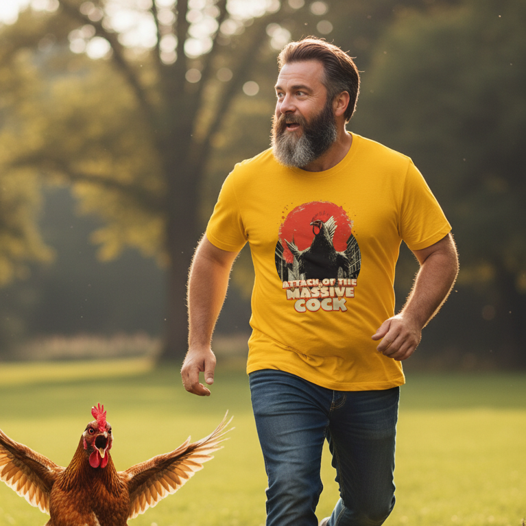 Man in a yellow massive cock t-shirt with a graphic design running outdoors with a rooster.