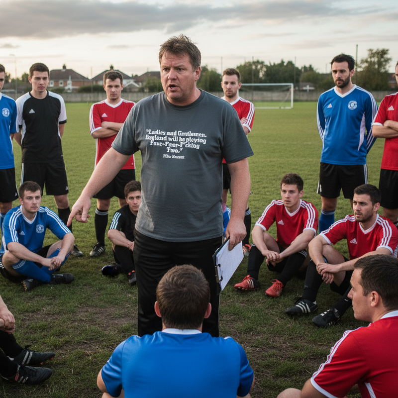 A soccer coach wearing a Mike Bassett inspired tee gives a motivational speech to players gathered around him on a field. The players wear red and blue jerseys, displaying focus and attentiveness.