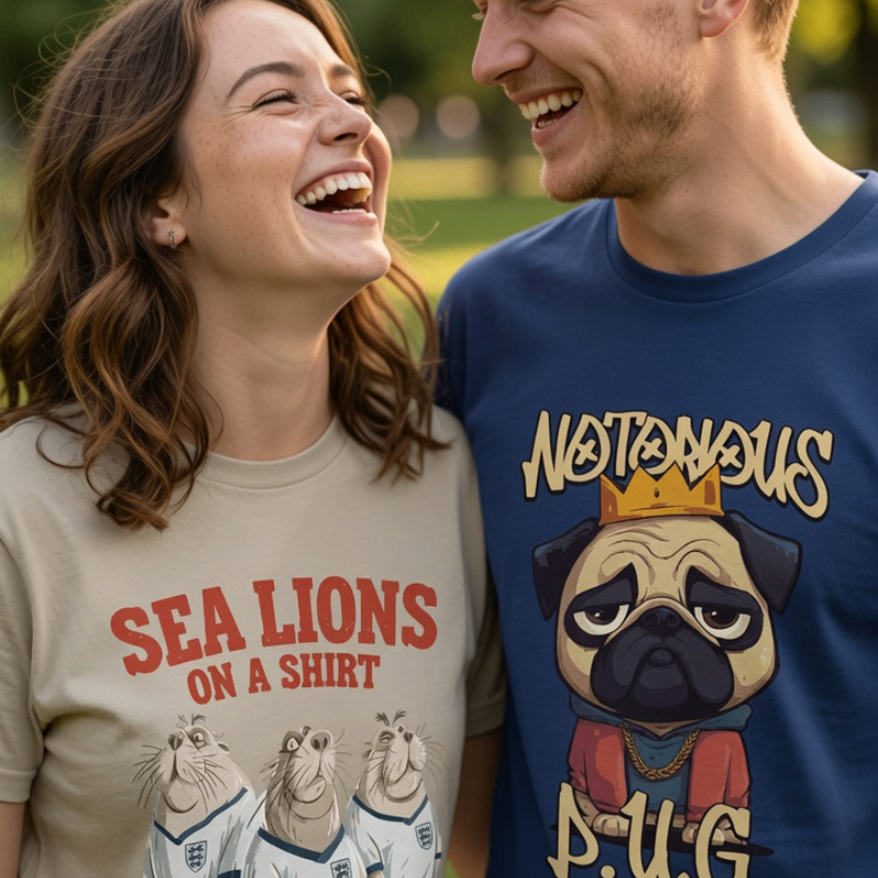 Two people wearing t-shirts with humorous designs, one about sea lions and the other with a pug and text.