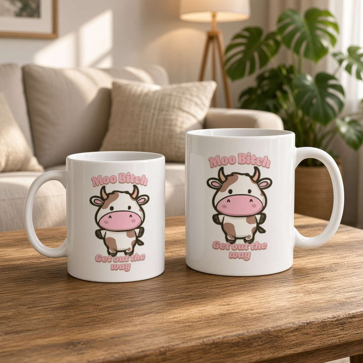 Two white mugs on a wooden coffee table feature playful cartoon cows and the phrase “Moo Bitch, get out the way.” A cozy, sunlit living room feels warm and relaxed.
